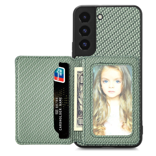 Samsung Galaxy S22 5G Carbon Fiber Magnetic Card Wallet Bag Phone Case - Green