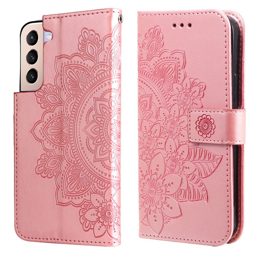 Samsung Galaxy S22 5G 7-petal Flowers Embossed Flip Leather Phone Case with Holder & Card Slots - Rose Gold