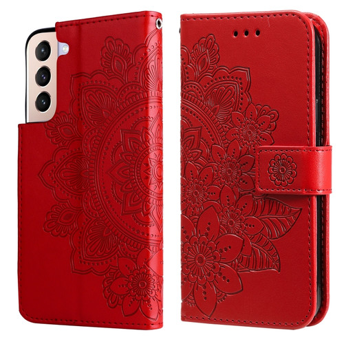 Samsung Galaxy S22 5G 7-petal Flowers Embossed Flip Leather Phone Case with Holder & Card Slots - Red
