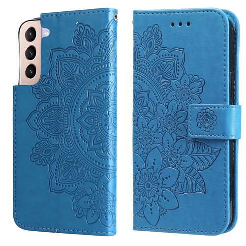 Samsung Galaxy S22 5G 7-petal Flowers Embossed Flip Leather Phone Case with Holder & Card Slots - Blue