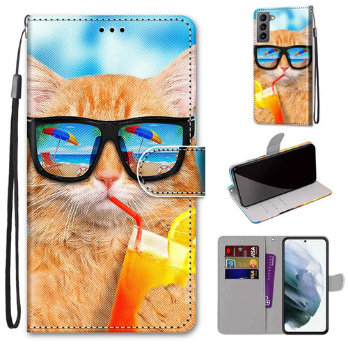 Samsung Galaxy S22 5G Coloured Drawing Cross Texture Horizontal Flip Leather Phone Case with Holder & Card Slots & Wallet & Lanyard - Cat Drinking Soda