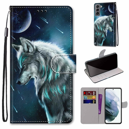 Samsung Galaxy S22 5G Coloured Drawing Cross Texture Horizontal Flip Leather Phone Case with Holder & Card Slots & Wallet & Lanyard - Pensive Wolf