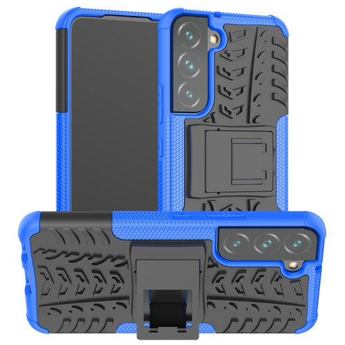 Samsung Galaxy S22 5G Tire Texture Shockproof TPU+PC Phone Case with Holder - Blue