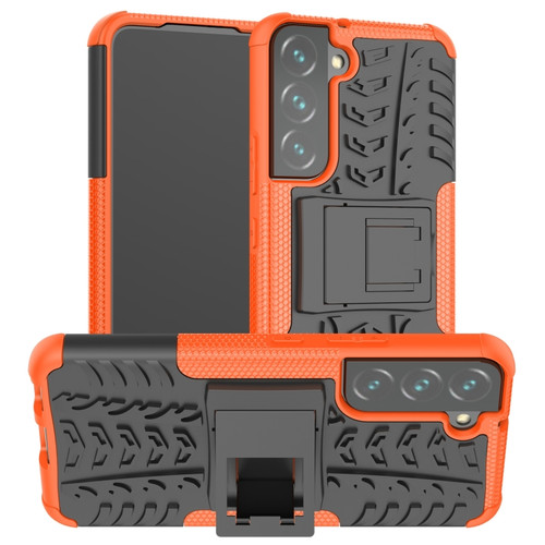 Samsung Galaxy S22 5G Tire Texture Shockproof TPU+PC Phone Case with Holder - Orange