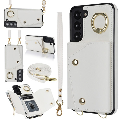 Samsung Galaxy S22 5G Zipper Card Bag Phone Case with Dual Lanyard - White