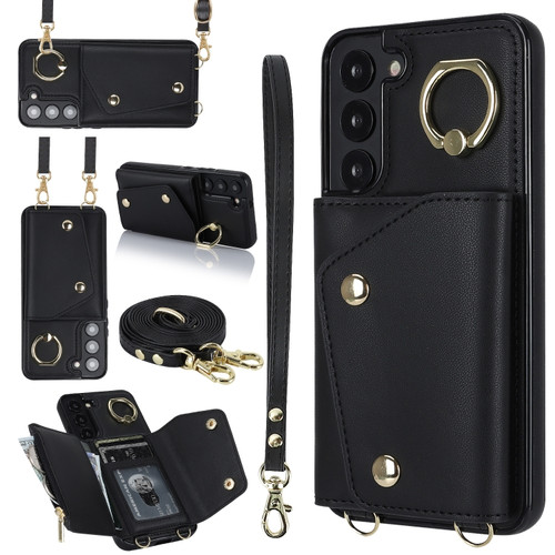 Samsung Galaxy S22 5G Zipper Card Bag Phone Case with Dual Lanyard - Black