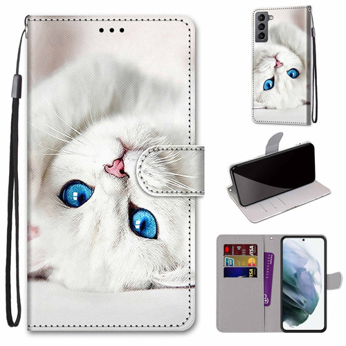 Samsung Galaxy S22 5G Coloured Drawing Cross Texture Horizontal Flip Leather Phone Case with Holder & Card Slots & Wallet & Lanyard - White Kitten