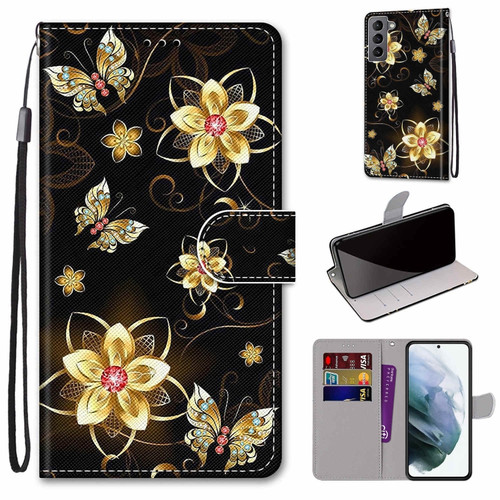 Samsung Galaxy S22 5G Coloured Drawing Cross Texture Horizontal Flip Leather Phone Case with Holder & Card Slots & Wallet & Lanyard - Gold Diamond Butterfly