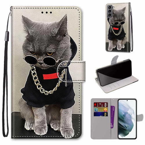 Samsung Galaxy S22 5G Coloured Drawing Cross Texture Horizontal Flip PU Phone Leather Case with Holder & Card Slots & Wallet & Lanyard - Colorful Layer - Golden Chain Grey Cat