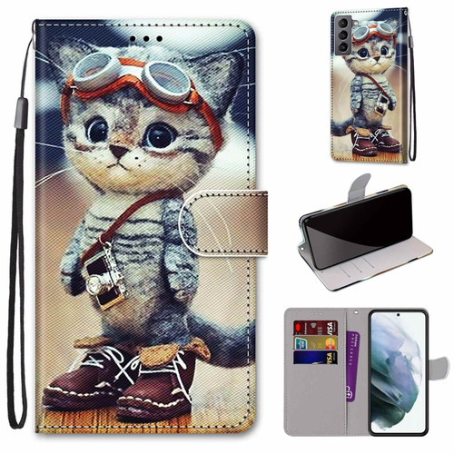 Samsung Galaxy S22 5G Coloured Drawing Cross Texture Horizontal Flip PU Phone Leather Case with Holder & Card Slots & Wallet & Lanyard - Colorful Layer - Leather Shoes Cat