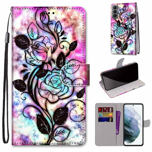 Samsung Galaxy S22 5G Coloured Drawing Cross Texture Horizontal Flip Leather Phone Case with Holder & Card Slots & Wallet & Lanyard - Color Bottom Hollow Flower