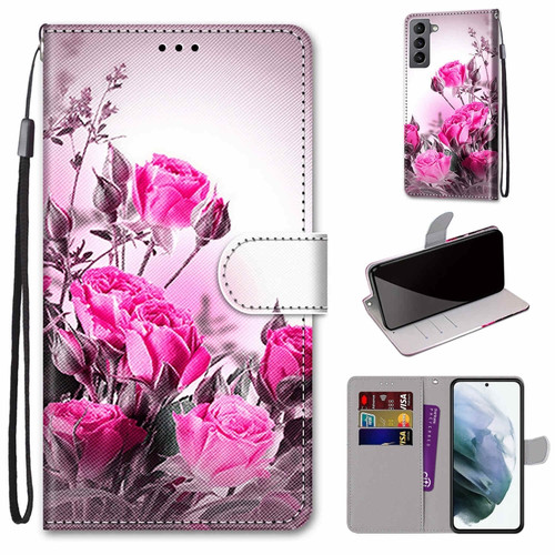 Samsung Galaxy S22 5G Coloured Drawing Cross Texture Horizontal Flip Leather Phone Case with Holder & Card Slots & Wallet & Lanyard - Wild Rose