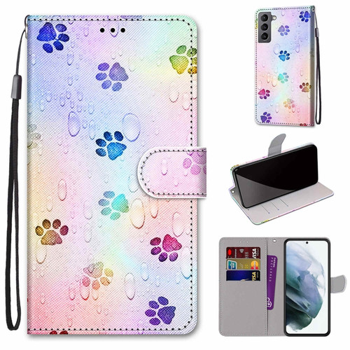 Samsung Galaxy S22 5G Coloured Drawing Cross Texture Horizontal Flip Leather Phone Case with Holder & Card Slots & Wallet & Lanyard - Footprint Water Drops