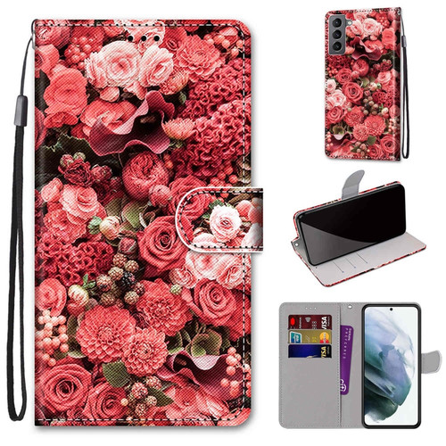 Samsung Galaxy S22 5G Coloured Drawing Cross Texture Horizontal Flip Leather Phone Case with Holder & Card Slots & Wallet & Lanyard - Pink Rose Garden