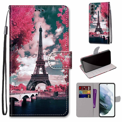 Samsung Galaxy S22 5G Coloured Drawing Cross Texture Horizontal Flip Leather Phone Case with Holder & Card Slots & Wallet & Lanyard - Pink Flower Tower Bridge