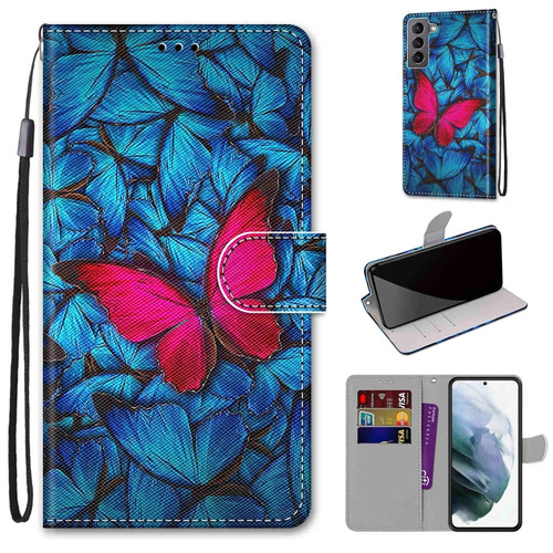 Samsung Galaxy S22 5G Coloured Drawing Cross Texture Horizontal Flip PU Phone Leather Case with Holder & Card Slots & Wallet & Lanyard - Colorful Layer - Big Red Butterfly On Blue