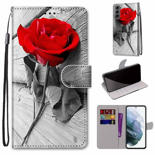 Samsung Galaxy S22 5G Coloured Drawing Cross Texture Horizontal Flip PU Phone Leather Case with Holder & Card Slots & Wallet & Lanyard - Colorful Layer - Red Rose On Wooden