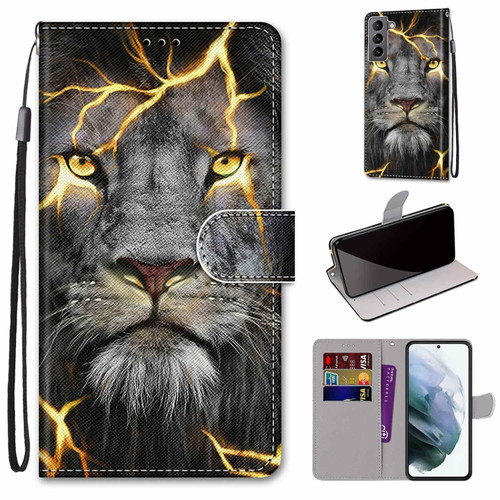 Samsung Galaxy S22 5G Coloured Drawing Cross Texture Horizontal Flip Leather Phone Case with Holder & Card Slots & Wallet & Lanyard - Fission Lion