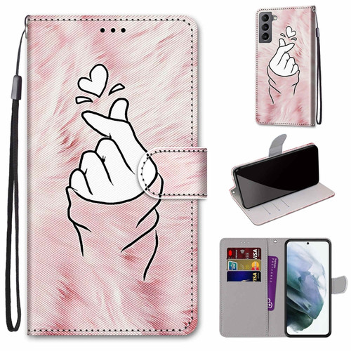 Samsung Galaxy S22 5G Coloured Drawing Cross Texture Horizontal Flip PU Phone Leather Case with Holder & Card Slots & Wallet & Lanyard - Colorful Layer - Pink Hands Than Hearts