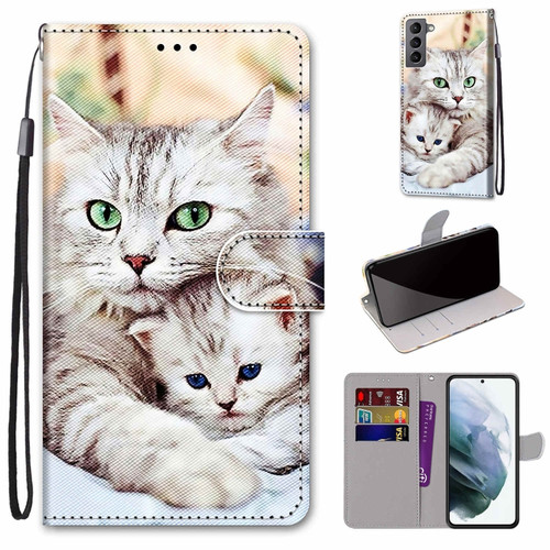 Samsung Galaxy S22 5G Coloured Drawing Cross Texture Horizontal Flip PU Phone Leather Case with Holder & Card Slots & Wallet & Lanyard - Colorful Layer - Big Cat Hugging Kitten