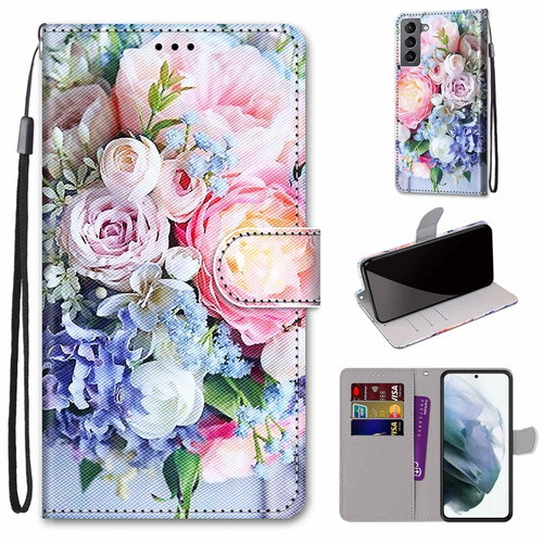 Samsung Galaxy S22 5G Coloured Drawing Cross Texture Horizontal Flip PU Phone Leather Case with Holder & Card Slots & Wallet & Lanyard - Colorful Layer - Light Pink Bouquet