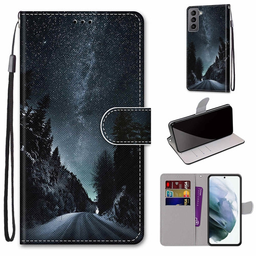 Samsung Galaxy S22 5G Coloured Drawing Cross Texture Horizontal Flip Leather Phone Case with Holder & Card Slots & Wallet & Lanyard - Mountain Road Starry Sky