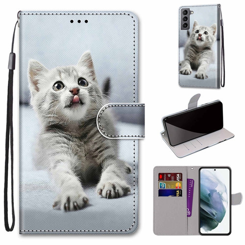Samsung Galaxy S22 5G Coloured Drawing Cross Texture Horizontal Flip Leather Phone Case with Holder & Card Slots & Wallet & Lanyard - Small Grey Cat