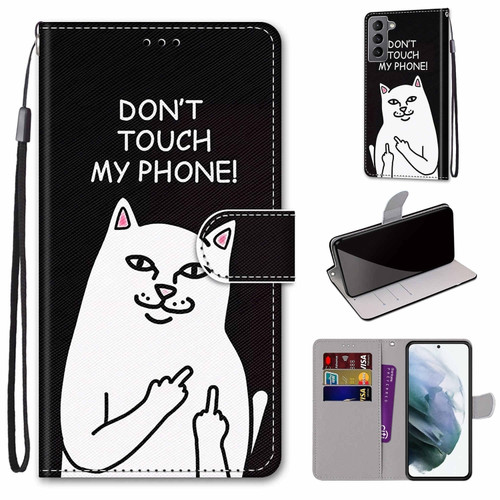 Samsung Galaxy S22 5G Coloured Drawing Cross Texture Horizontal Flip PU Phone Leather Case with Holder & Card Slots & Wallet & Lanyard - Colorful Layer - Middle Finger White Cat