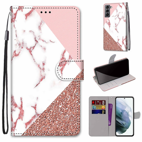 Samsung Galaxy S22 5G Coloured Drawing Cross Texture Horizontal Flip PU Phone Leather Case with Holder & Card Slots & Wallet & Lanyard - Colorful Layer - Stitching Pink Stone Pattern