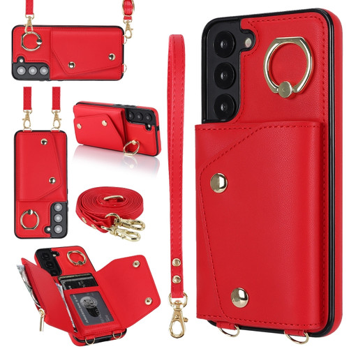 Samsung Galaxy S22 5G Zipper Card Bag Phone Case with Dual Lanyard - Red