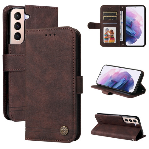 Samsung Galaxy S22 Skin Feel Life Tree Metal Button Horizontal Flip Leather Phone Case - Brown