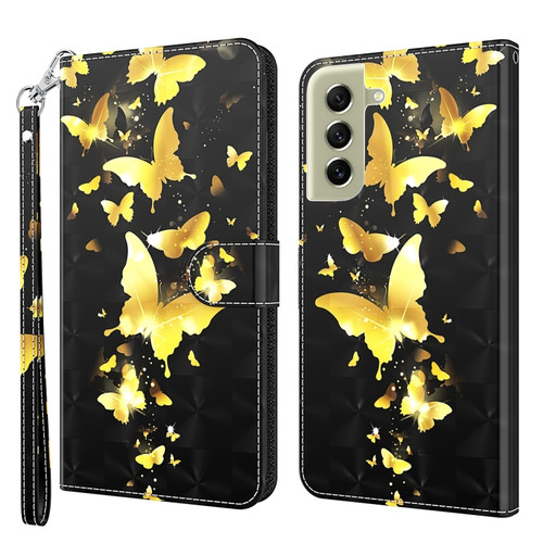 Samsung Galaxy S22 5G 3D Painting Pattern TPU + PU Leather Phone Case - Gold Butterfly