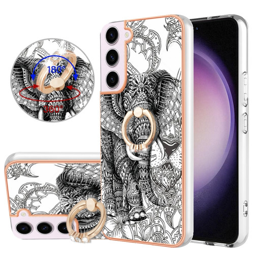 Samsung Galaxy S22 5G Electroplating Dual-side IMD Phone Case with Ring Holder - Totem Elephant