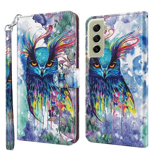 Samsung Galaxy S22 5G 3D Painting Pattern TPU + PU Leather Phone Case - Watercolor Owl