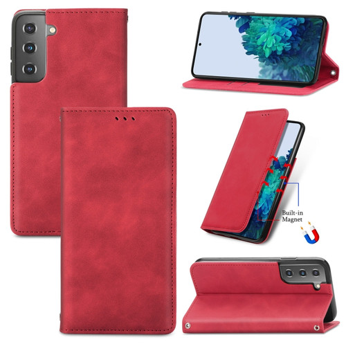 Samsung Galaxy S22 5G Retro Skin Feel Magnetic Horizontal Flip Leather Case with Holder & Card Slots & Wallet & Photo Frame - Red