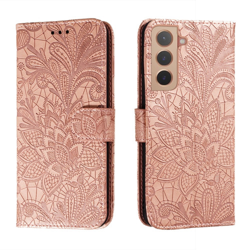 Samsung Galaxy S22 5G Lace Flower Leather Phone Case with Holder & Card Slots & Wallet & Photo Frame - Rose Gold