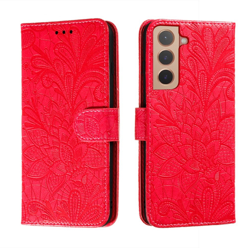 Samsung Galaxy S22 5G Lace Flower Leather Phone Case with Holder & Card Slots & Wallet & Photo Frame - Red