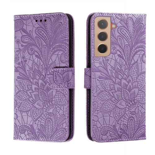 Samsung Galaxy S22 5G Lace Flower Leather Phone Case with Holder & Card Slots & Wallet & Photo Frame - Purple