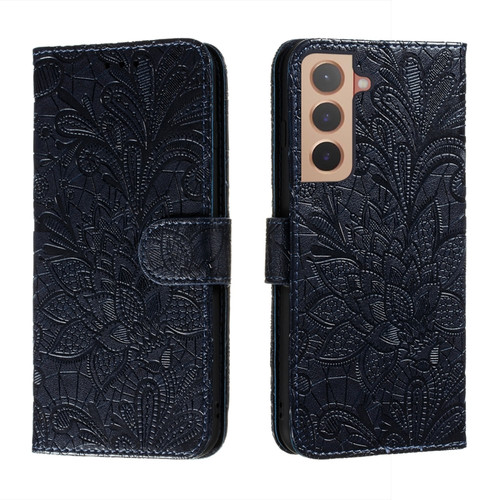 Samsung Galaxy S22 5G Lace Flower Leather Phone Case with Holder & Card Slots & Wallet & Photo Frame - Dark Blue