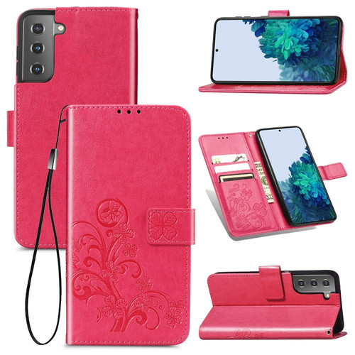 Samsung Galaxy S22 5G Four-leaf Clasp Embossed Leather Phone Case with Lanyard & Card Slot & Wallet & Bracket Function - Magenta