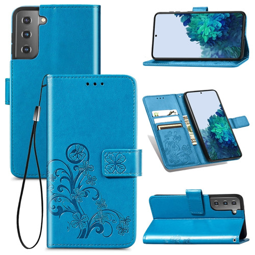 Samsung Galaxy S22 5G Four-leaf Clasp Embossed Leather Phone Case with Lanyard & Card Slot & Wallet & Bracket Function - Blue