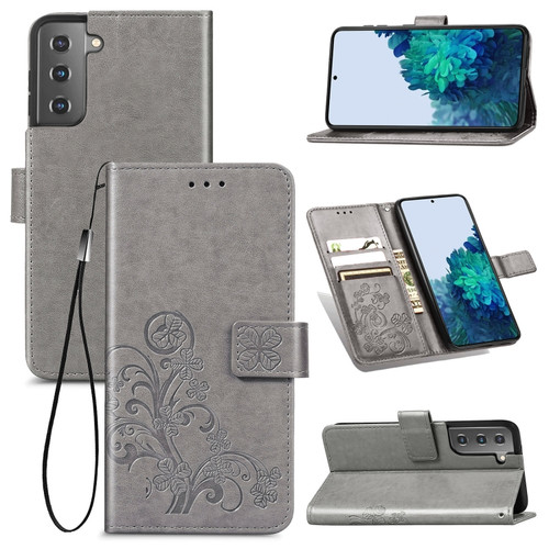 Samsung Galaxy S22 5G Four-leaf Clasp Embossed Leather Phone Case with Lanyard & Card Slot & Wallet & Bracket Function - Grey