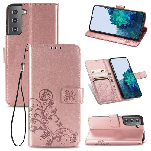 Samsung Galaxy S22 5G Four-leaf Clasp Embossed Leather Phone Case with Lanyard & Card Slot & Wallet & Bracket Function - Rose Gold