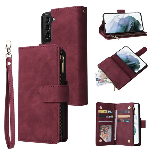 Samsung Galaxy S22 5G Multifunctional Phone Leather Case with Card Slot & Holder & Zipper Wallet & Photo Frame - Wine Red