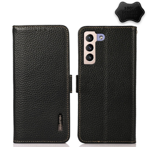 Samsung Galaxy S22 5G KHAZNEH Side-Magnetic Litchi Genuine Leather RFID Phone Case - Black