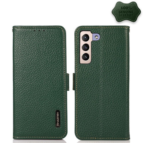 Samsung Galaxy S22 5G KHAZNEH Side-Magnetic Litchi Genuine Leather RFID Phone Case - Green