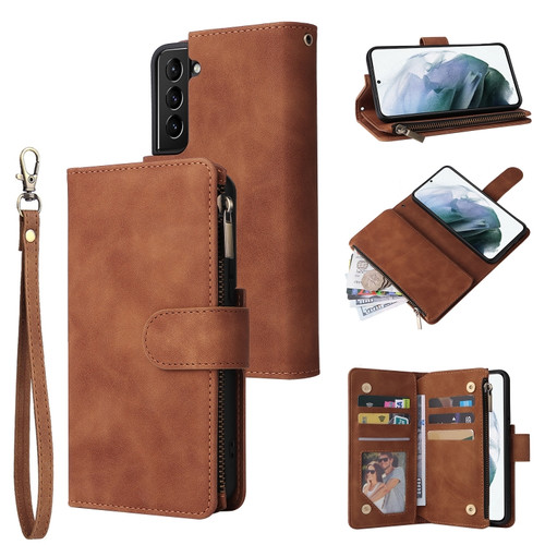 Samsung Galaxy S22 5G Multifunctional Phone Leather Case with Card Slot & Holder & Zipper Wallet & Photo Frame - Brown