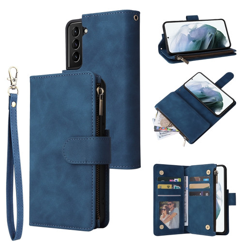 Samsung Galaxy S22 5G Multifunctional Phone Leather Case with Card Slot & Holder & Zipper Wallet & Photo Frame - Blue