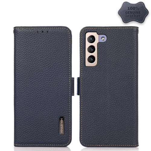 Samsung Galaxy S22 5G KHAZNEH Side-Magnetic Litchi Genuine Leather RFID Phone Case - Blue