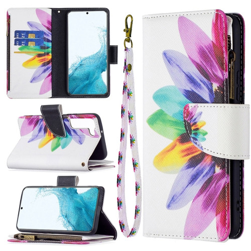 Samsung Galaxy S22 5G Colored Drawing Pattern Zipper Horizontal Flip Phone Leather Case with Holder & Card Slots & Wallet - Sun Flower